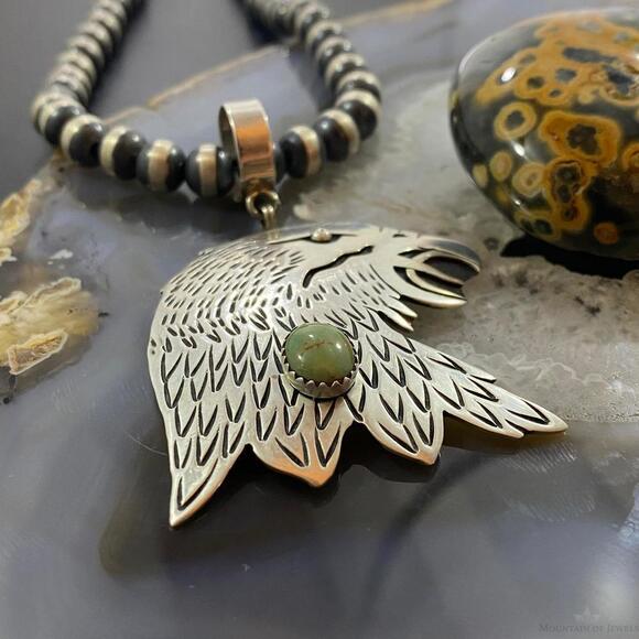 Tommy & Rosita Singer Sterling Silver Green Turquoise Overlay Eagle Pendant - Picture 4 of 10